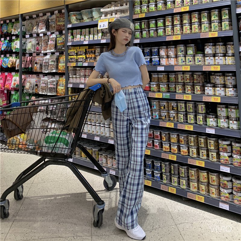 [Spot]   Plaid Straight Wide-Leg Pants Casual Pants for Women Summer2021New High Waist Loose and Slimming Mopping All-Matching Trousers