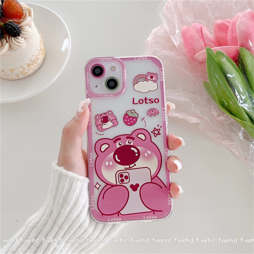 Compatible For iPhone 13 12 11 Pro Max SE2020 X XR Xs Max 7 8 Plus Phone Case Cartoon Strawberry Bear Soft Silicone Clear TPU Back Cover