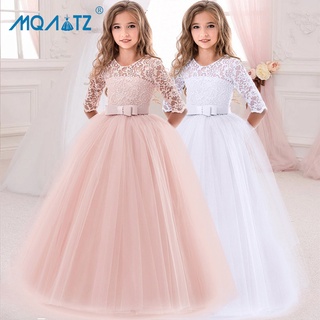 Mqatz Đầm Công Chúa Phối Ren Tay Dài Màu Trắng Hồng Cho Bé Gái 3-14 Tuổi d0033