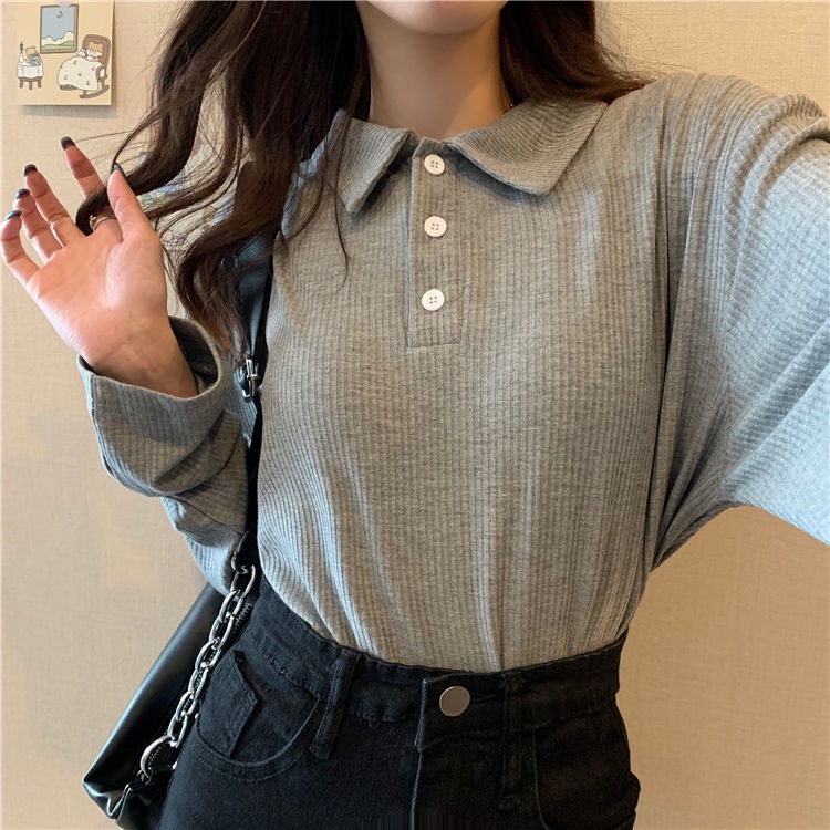 Áo Thun Nữ Dài Tay Cổ Polo Dáng Rộng Phong Cách Hàn Quốc Mới