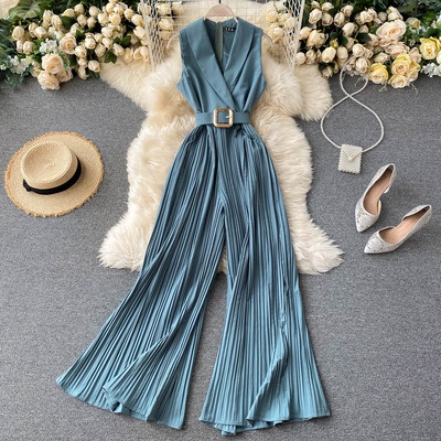Jumpsuit cổ véc quần ống rộng xếp ly   170222