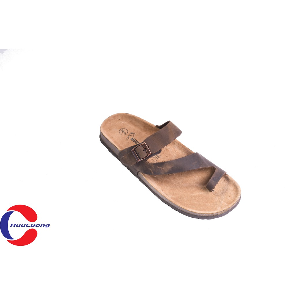 Dép xỏ ngón tròn da bò nâu đế trấu