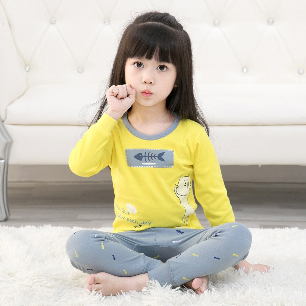 Bộ Quần Áo Ngủ Tay Dài 2 Món Bằng Cotton Cho Bé Gái