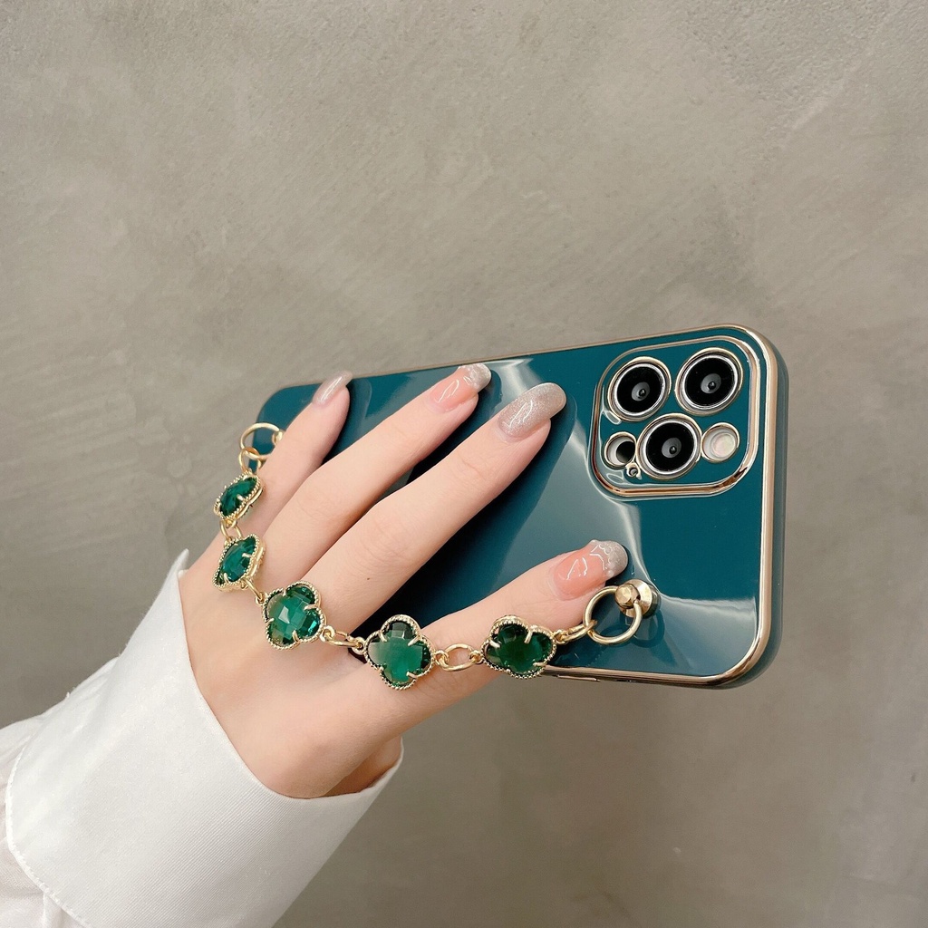 Ốp lưng iphone mạ điện 6D kèm dây cỏ 4 lá sang trọng cho Iphone 7 8 Plus SE X XS XS Max 11 12 13 14 Pro Max