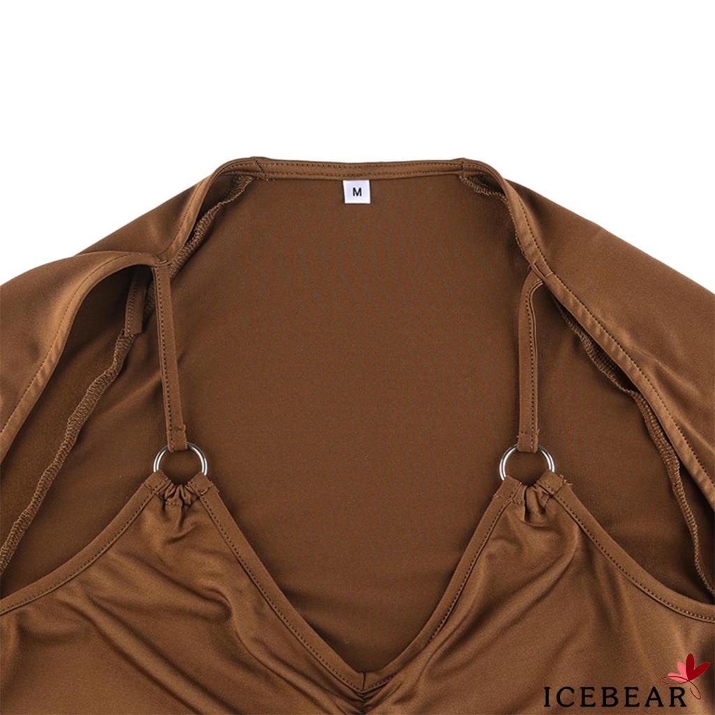 ICE-Women´s Crop Tops Solid Color Deep V Neck Long Sleeves Cropped Navel Shirt Blouse