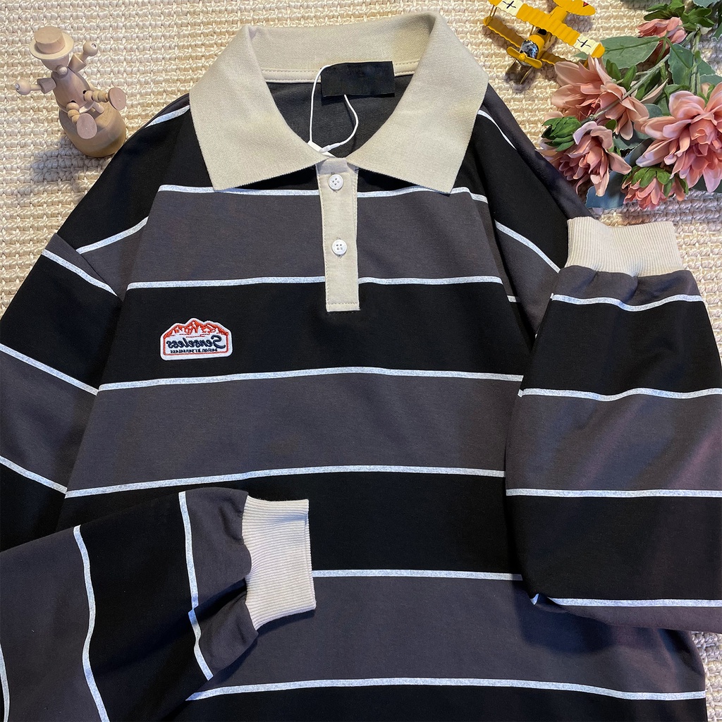 [Hàng Order] Áo Polo sọc đen xám có cổ ULzzang form rộng dài tay dày dặn Unisex mới nhất thu đông 2021 PL012 | BigBuy360 - bigbuy360.vn