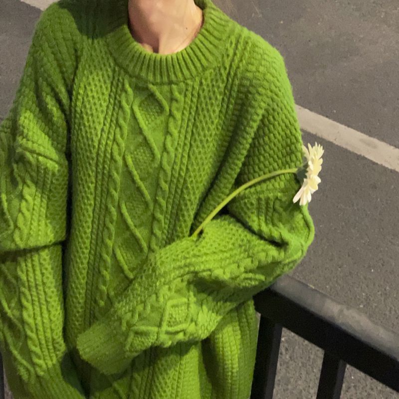 Áo Len Tay Dài Dáng Rộng Màu Xanh Lá Phong Cách Hàn Quốc Thời Trang Cho Nữ