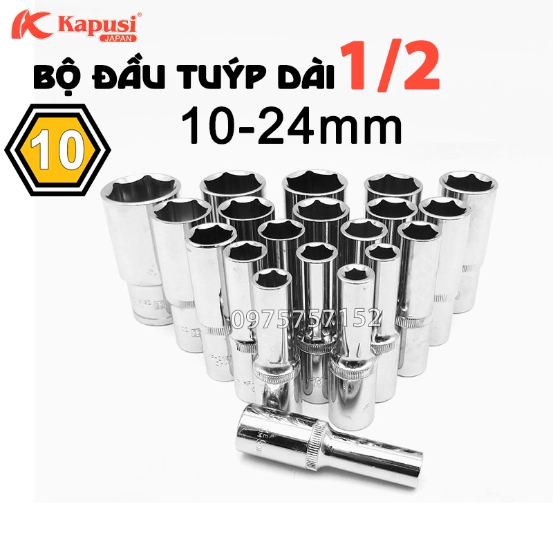 Bộ 10 đầu tuýp 1/2 dài 78mm công nghiệp 10-24MM KAPUSI đầu típ, đầu khẩu thép CR-V siêu cứng mở bulong đầu tiếp lục giác