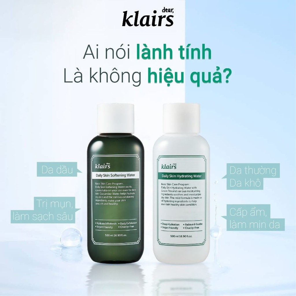 Nước hoa hồng DEAR KLAIRS dưỡng ẩm làm sạch Daily Skin Hydrating Water Klairs Daily Skin Softening Water KLAI07 KLAI08