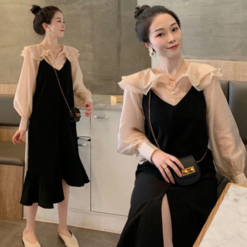 Phụ nữ mang thai mùa xuân và mùa thu quần áo áo dây váy Kiểu phương Tây phù hợp với thời trang váy bà bầu mới