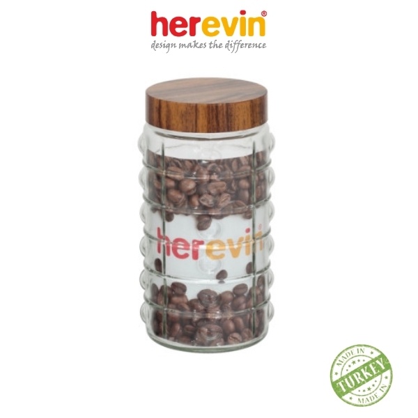 Bộ 2 Hũ Thuỷ Tinh Herevin Tròn Sọc Nắp woody 2L - HEHU231930-205