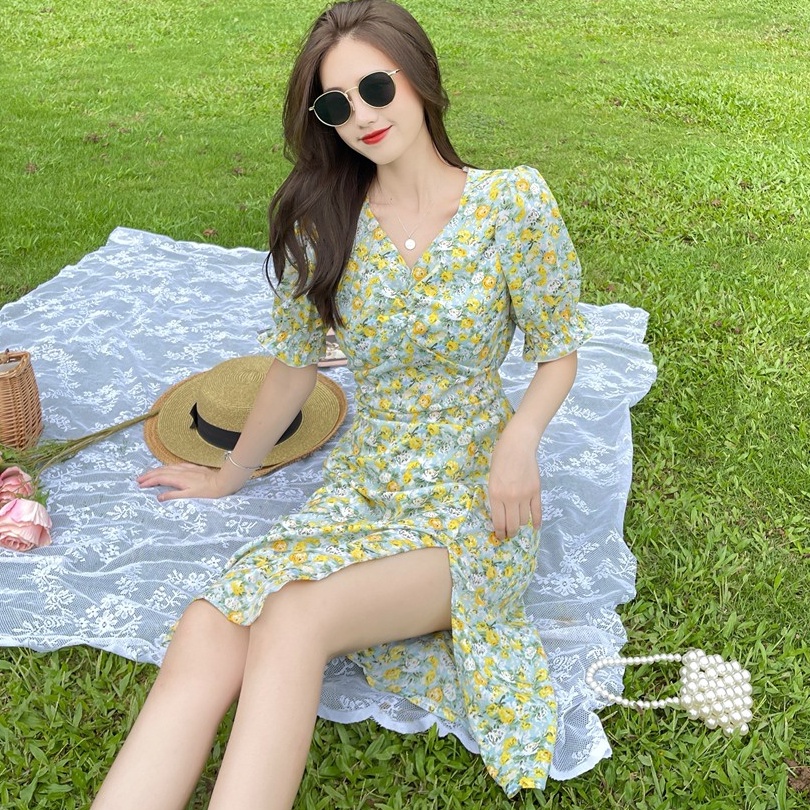 Đầm voan dài ZHELIHANGFEI họa tiết hoa phong cách quyến rũ thời trang