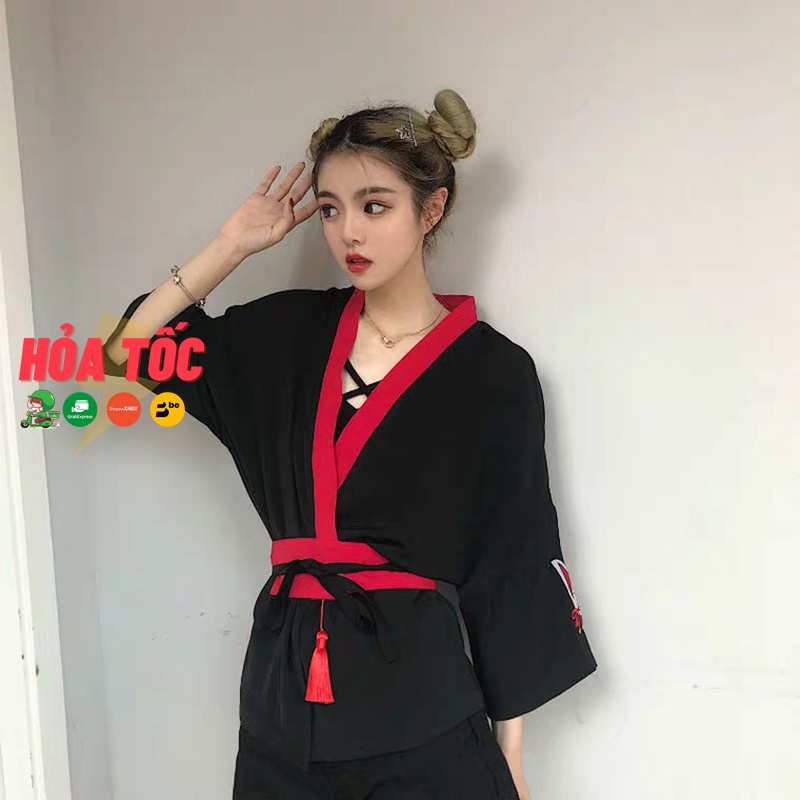 Áo haori kimono thêu Hồ ly phối viền đỏ