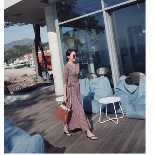 Đầm maxi cổ V vạt đắp chéo in họa tiết phong cách Boho duyên dáng cho nữ