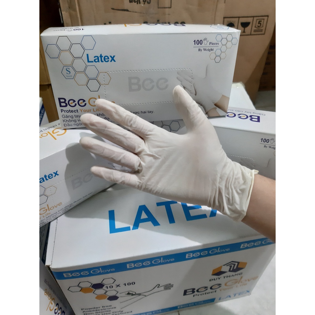 Găng Tay Cao Su Y Tế Latex Không Bột Bee Gloves Màu Kem Size S/M Co Dãn Dẻo Dai An Toàn Khi Sử Dụng