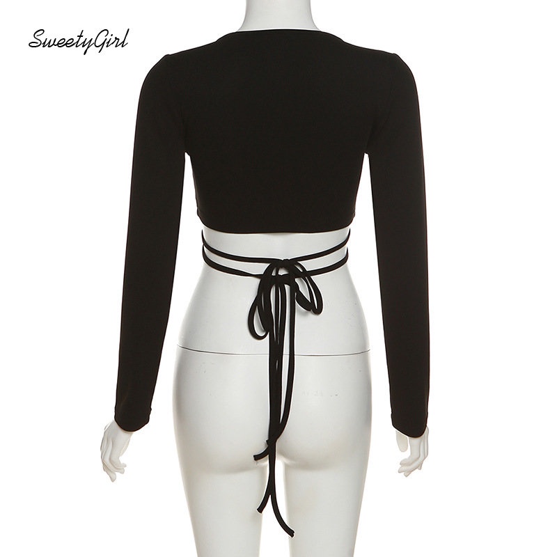 Áo Thun Tay Dài Cổ Chữ V Khoét Sâu Eo Thấp Màu Trơn Thời Trang 2022 Quyến Rũ Dành Cho Nữ