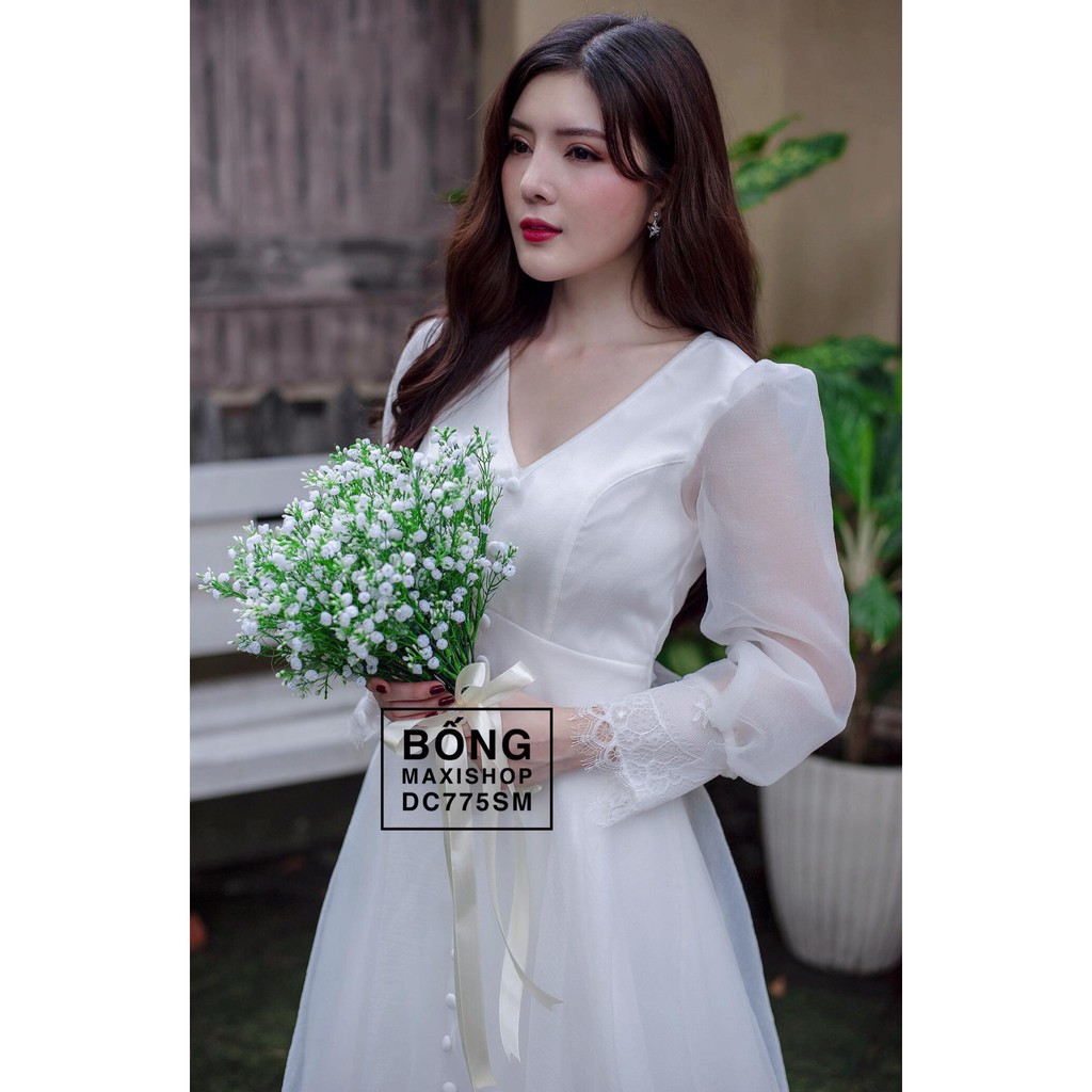 DC775 ĐẦM CƯỚI XỐP CỔ V TAY DÀI @