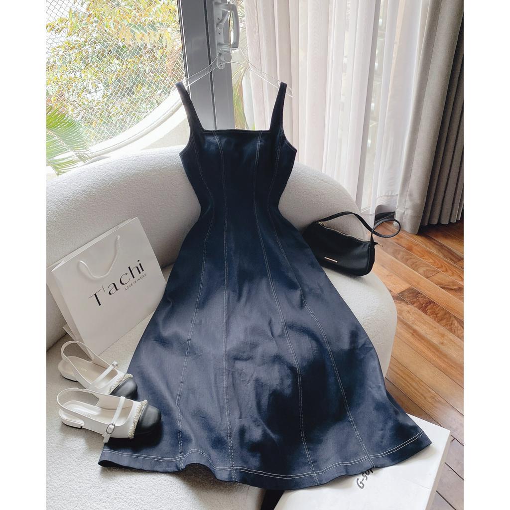 ĐẦM MIDI JEAN 2 DÂY CỔ VUÔNG CHỈ VIỀN