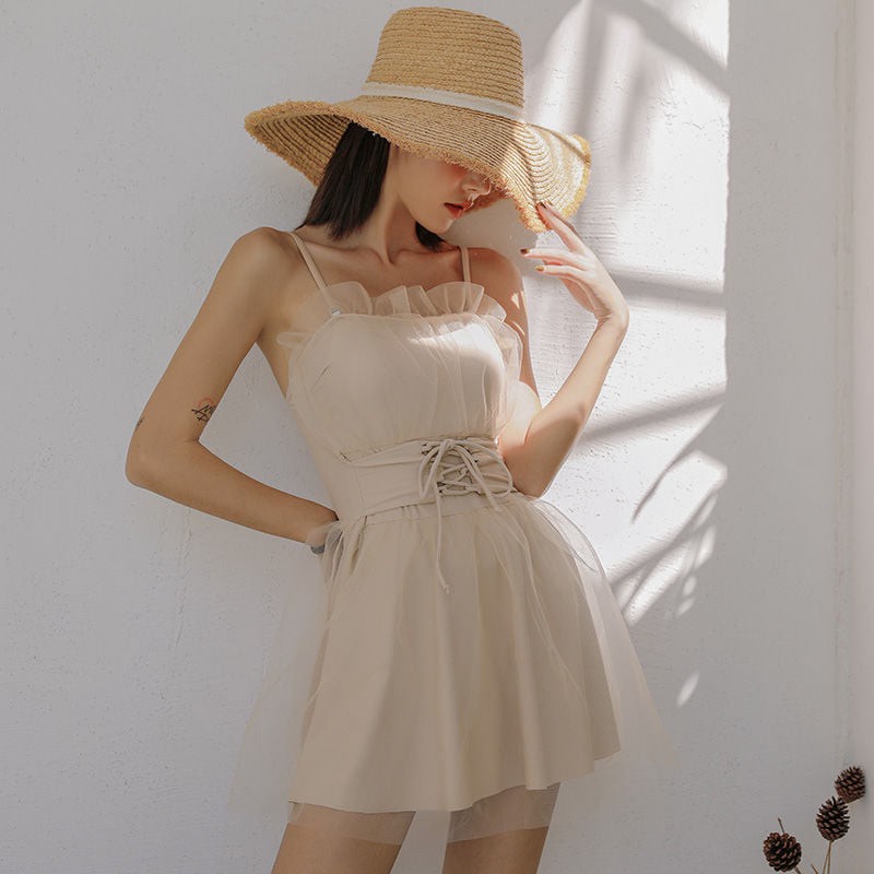 Đầm 2 dây đi biển organza xòe ngắn nịt lưng buộc dây phong cách tiểu thư điệu đà