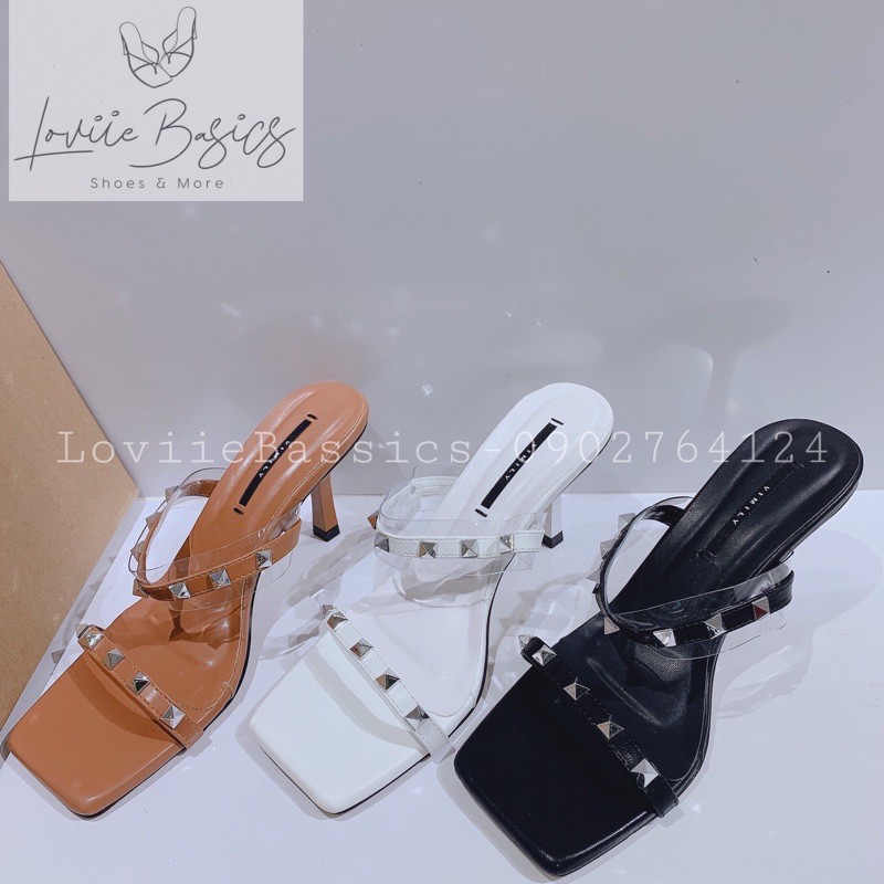 LOVIIE BASICS - DÉP NỮ CAO GÓT THỜI TRANG QUAI MÃNH ĐINH  MŨI VUÔNG 9CM 4 MÀU ĐEN TRẮNG VÀNG NÂU  D210466