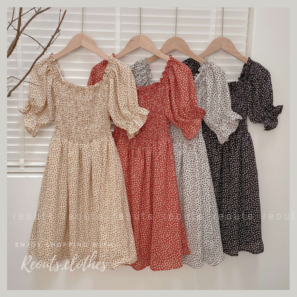 Váy xòe hoa nhí dáng trễ vai và ngực vuông Ảnh thật Thời trang nữ Reouts | BigBuy360 - bigbuy360.vn