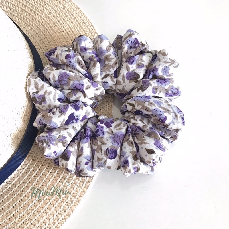 Dây buộc tóc Scrunchies handmade lụa chính phong,lụa cát hoạ tiết vườn hoa sắc màu, độ nhún dày chun co giãn tốt