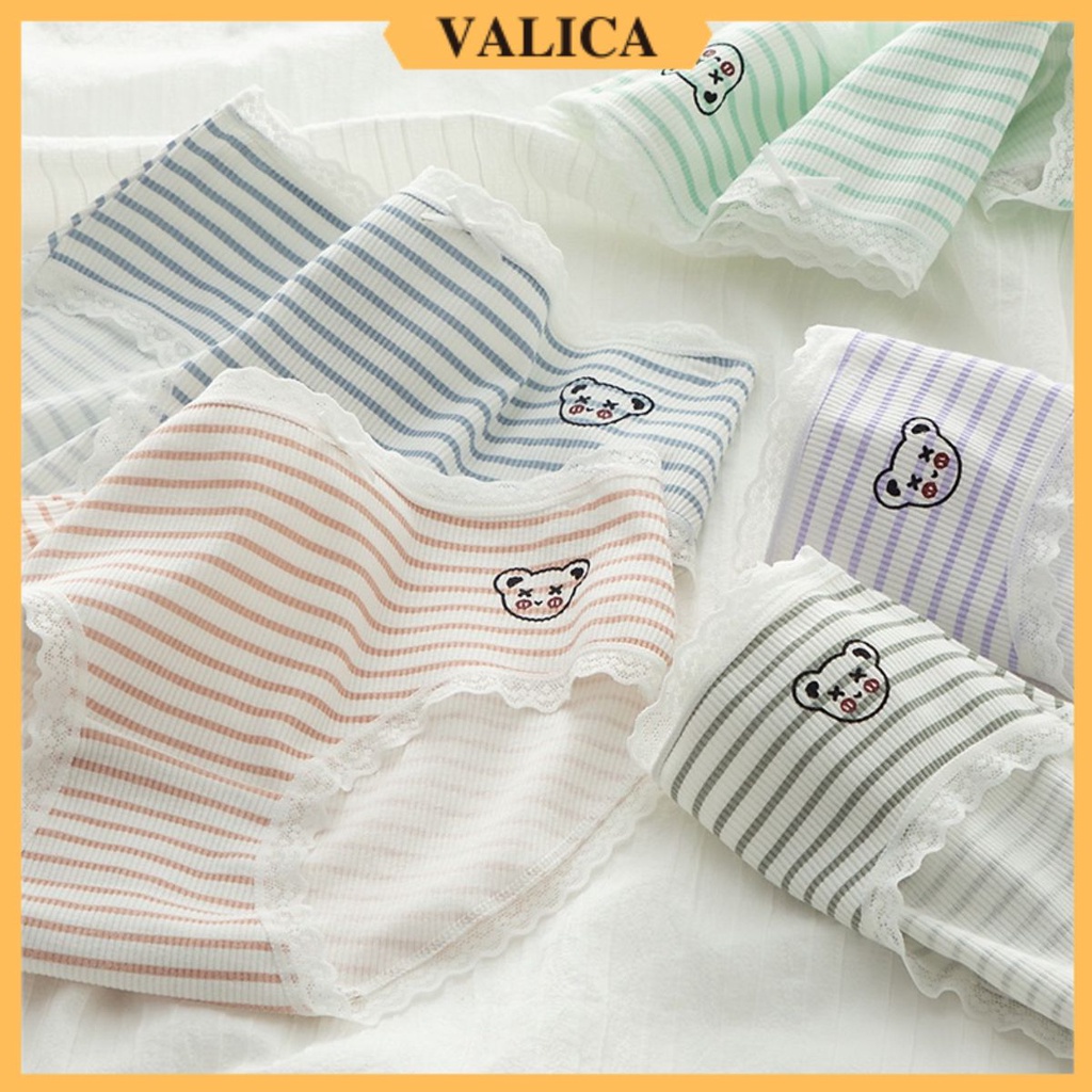 Quần lót cotton gấu đáng yêu - Quần lót nữ viền ren sọc ngang thoáng mát VALICA L167