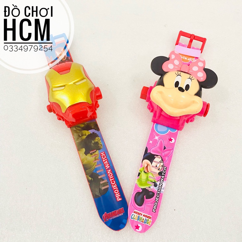 [NHIỀU MẪU] Đồ chơi trẻ em đồng hồ đeo tay chiếu hình ảnh lên tường 3D Spider man, Hello Kitty, Doremon, Iron man BH289