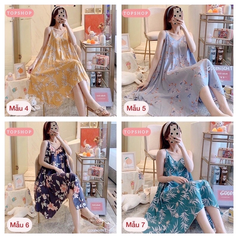 Váy lanh Quảng Châu hai dây họa tiết trẻ trung, thời trang