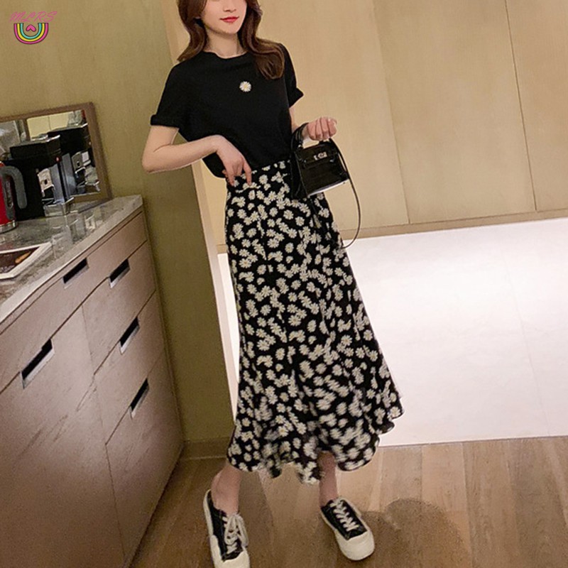 VN Set Chân Váy Chữ A Và Áo Thun Tay Dài Họa Tiết Hoa Cúc Thời Trang Cho Nữ