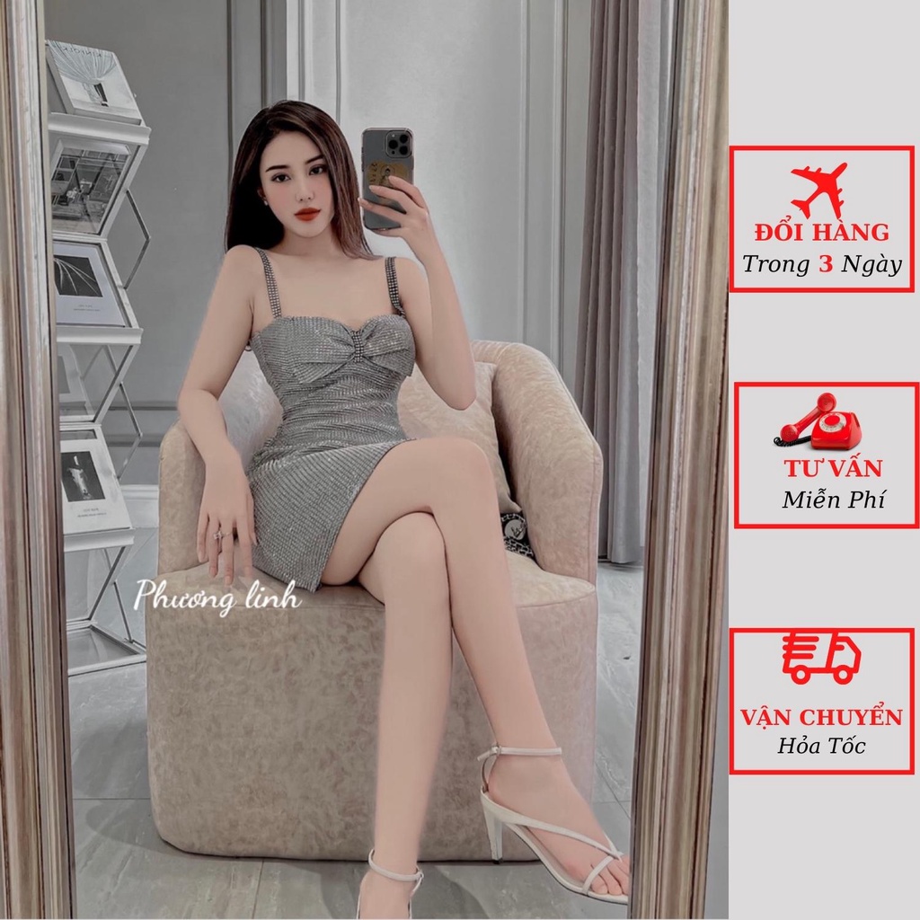 Váy 2 dây xích nhũ nữ cúp ngực dáng ngắn ôm body kiểu sexy đi tiệc cưới ulzzang Hàn Quốc
