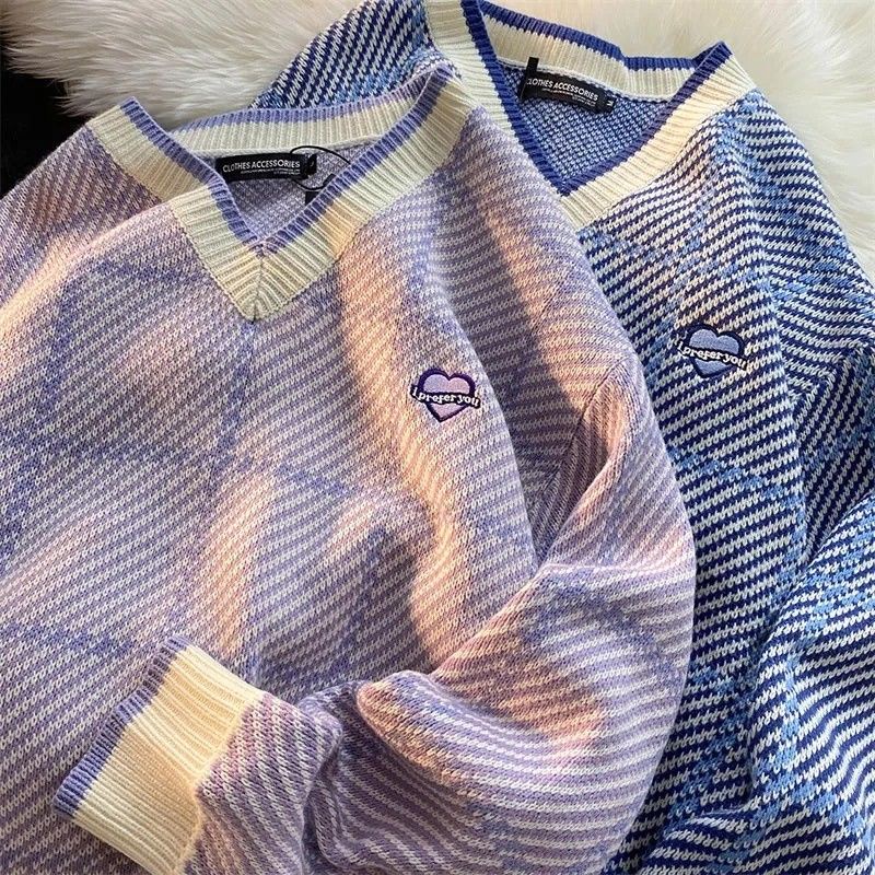 【Keroro】Áo len dáng dài kẻ sọc cổ tim phối viền cực xinh