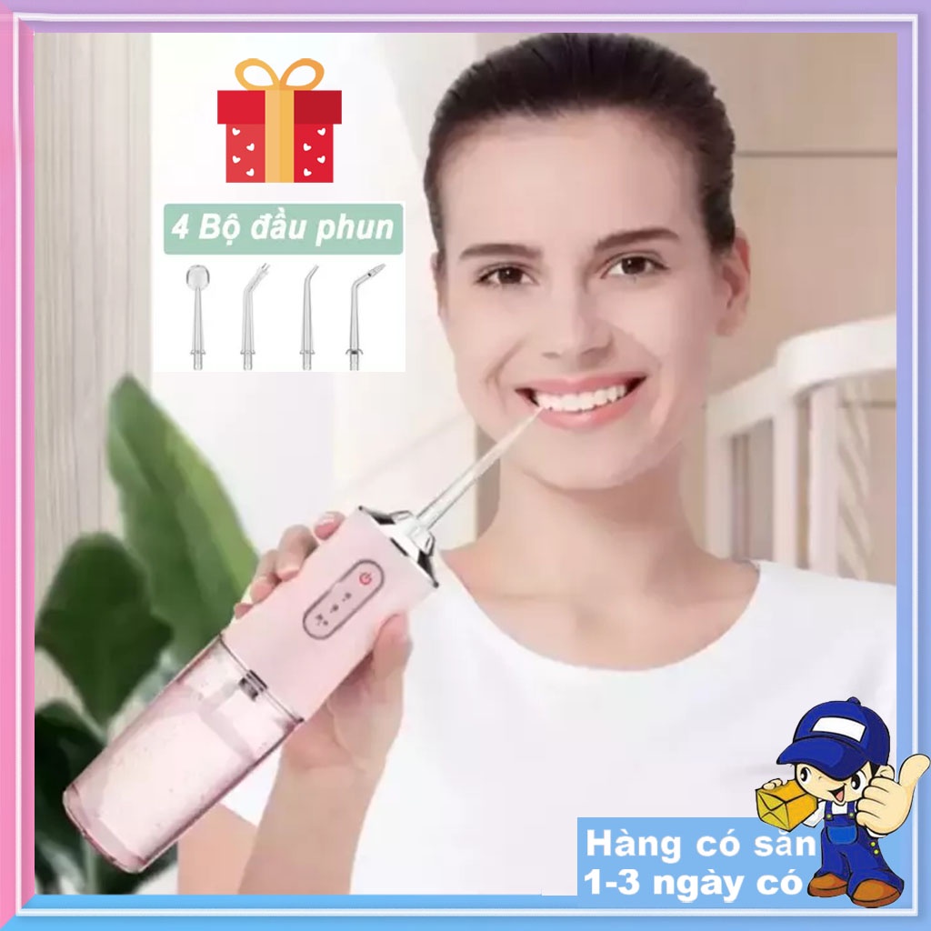 Máy Tăm Nước Oral Irrigator Cầm Tay cao cấp Làm Sạch Sâu-Tăm nước vệ sinh răng miệng Sạc USB 4 Đầu Phun Chuyên Dụng