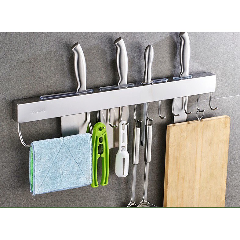 Giá, Kệ để dao, kéo, thớt, muỗm đa năng INOX SUS304 gắn tường gạch men - kèm vít và keo dán - Dài 50cm