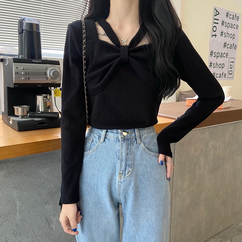 Áo kiểu ZHELIHANGFEI dệt kim tay dài thiết kế thắt nút nơ xinh xắn thời trang dành cho nữ