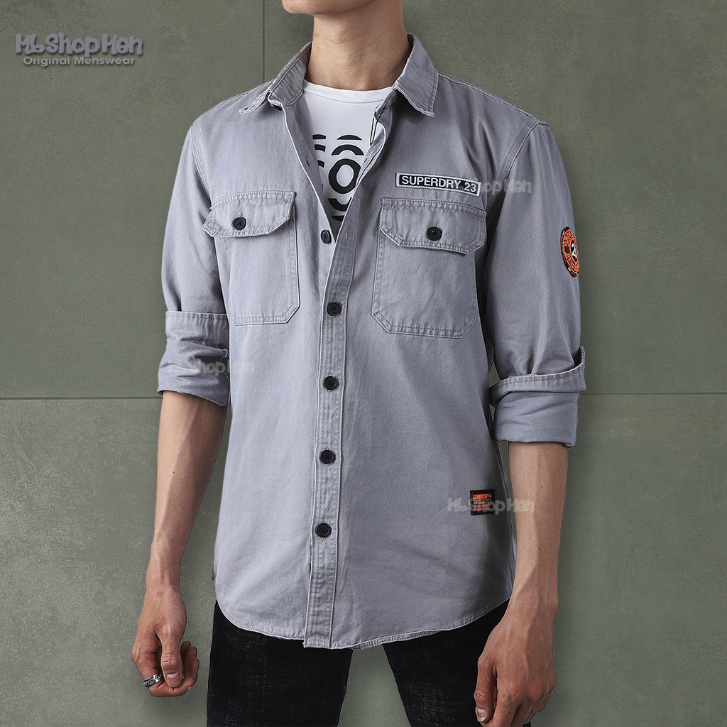 Áo sơ mi denim cao cấp chất vải dày phối Logo nổi 4 màu nam tính