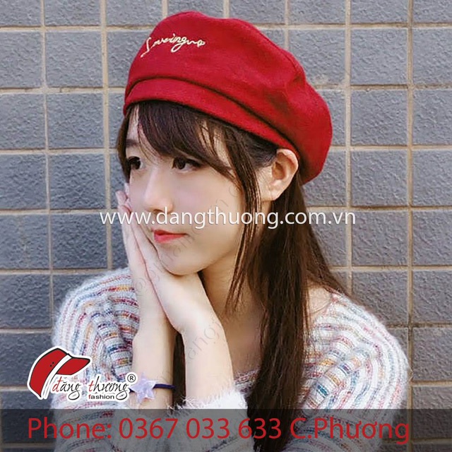 Mũ nồi nỉ dạ beret thêu chỉ ánh kim LOVING màu xanh đen/ đỏ/ đen