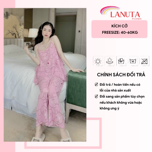 Đồ ngủ sexy nữ 2 dây quần dài pijama lụa cute mặc nhà dễ thương chất liệu mango cao cấp LANUTA DT