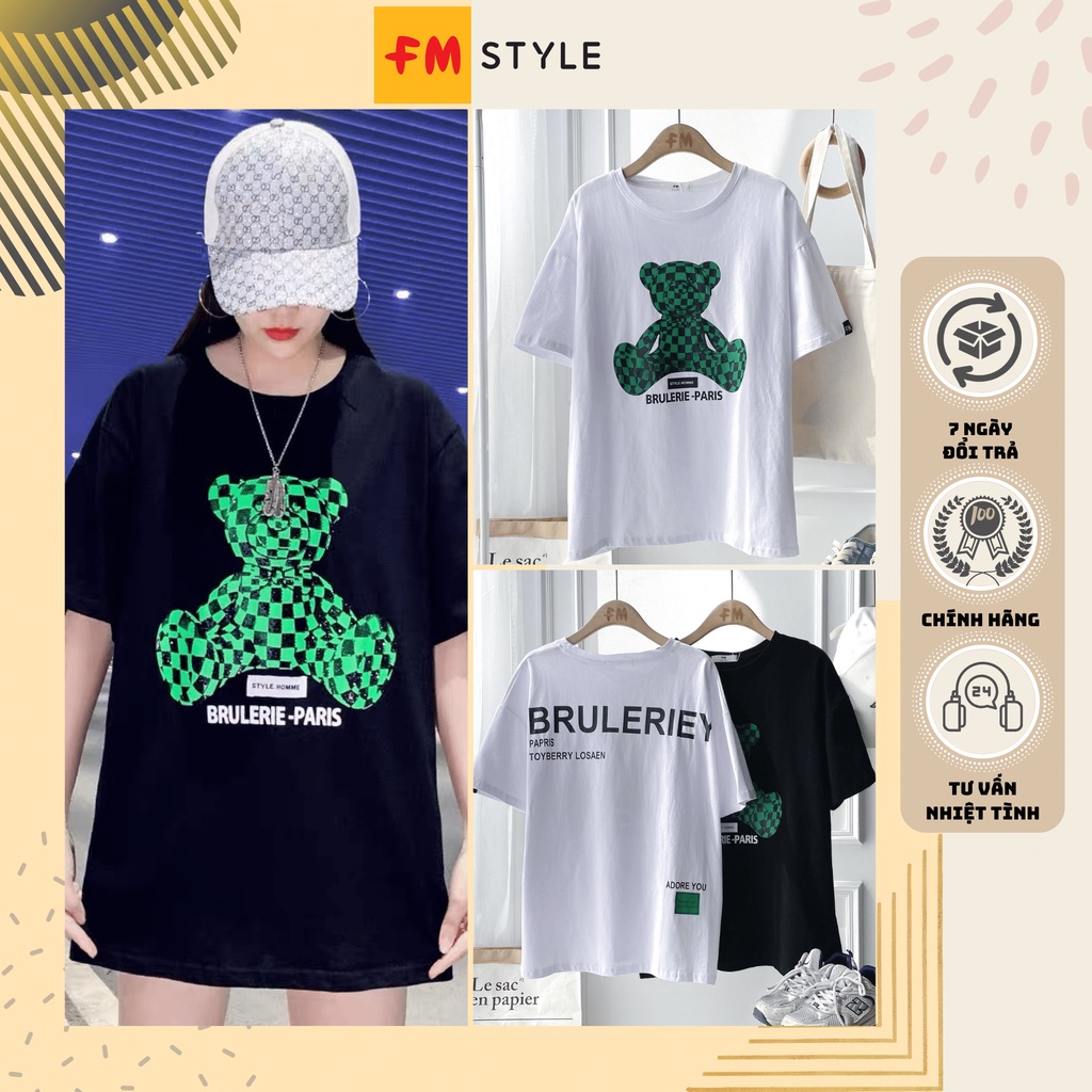Áo phông nữ form rộng tay lỡ in hình gấu kẻ fmstyle, áo thun tay lỡ nam nữ chất cotton mát mịn | Fms