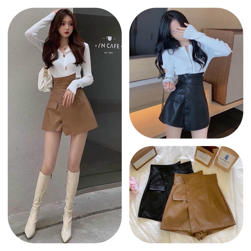 [Mã FAWEEKDAY2 giảm 10K đơn 50K] Chân váy da chữ a cạp chéo quần giả váy vạt chéo 3 cúc có khóa kéo sau lưng