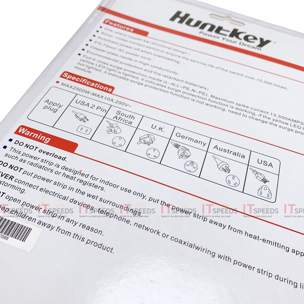Ổ Cắm Điện Đa Năng Huntkey 2500W 10A 220V, Chống Sét, Có Cầu Chì Chống Quá Tải, Nhiều Lỗ, Có USB, Chính Hãng BH 36 Tháng