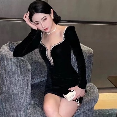 Váy Body Cổ V Viền Đá LSEOUL V1261 Ánh Kim Sang Trọng Quyến Rũ Phù Hợp Đi Tiệc