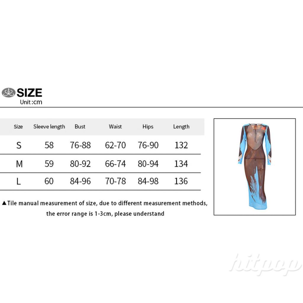 Hitpop-Women Summer Dress, Printed Long Sleeve Crew Neck Sheer Backless Long Dress, Ladies Tie-Up Perspective Party