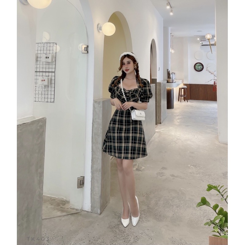 Đầm tay bồng nơ ngực caro xinh xắn | BigBuy360 - bigbuy360.vn