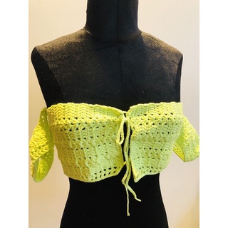 [Có làm theo yêu cầu] Áo quây tay hến len móc áo croptop thắt nơ ngực xanh neon phong cách boho