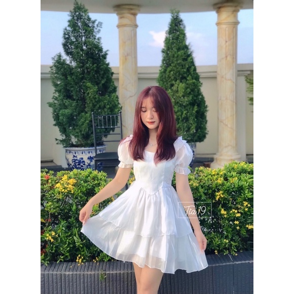 Váy babydoll tầng cộc tay Tia19. Đầm trễ vai dáng xoè organza