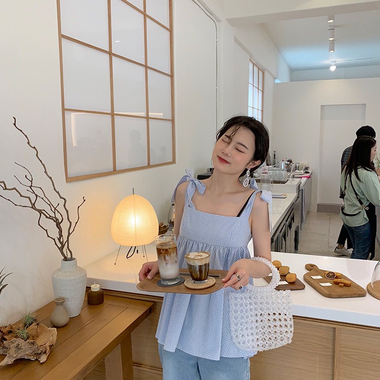 [Ảnh thật] Set áo 2 dây babydoll kẻ xanh thắt nơ vai kèm quần sooc trắng - Bộ áo 2 dây mix quần đùi trắng