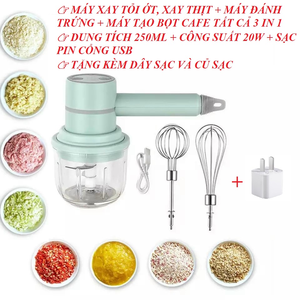 Máy Đánh Trứng Mini Cầm Tay Kèm Máy Xay Tỏi Ớt 3 Trong 1 Tiện Lợi - Máy Xay Mini Thể Tích 250ml Cầm Tay Kèm Dây Sạc