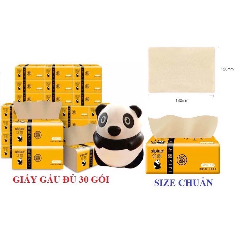 Thùng 30 gói giấy ăn gấu trúc SIPAO. 300 tờ/1 gói. Làm từ bột trúc nguyên sinh, không tẩy trắng, siêu dai.