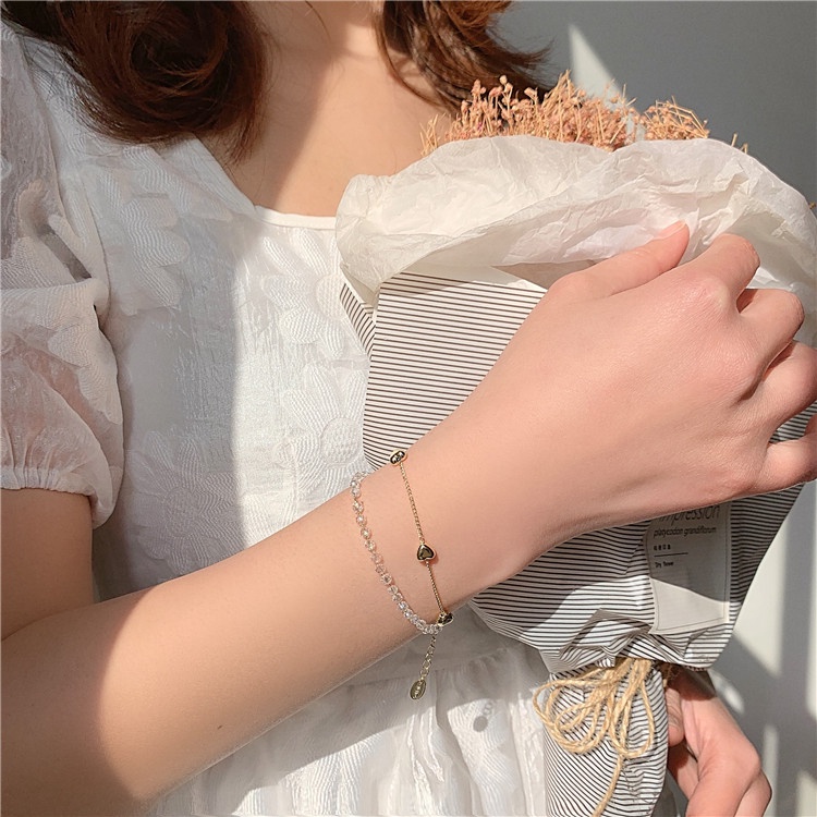 Vòng đeo tay hai lớp dây xích và hạt pha lê phong cách Hàn Quốc thời trang